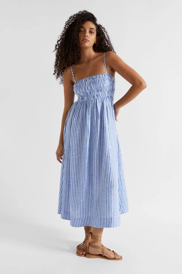 Seed Heritage Dresses Linen Shirred Midi Dress Deep Ocean Stripe 8211 Woman