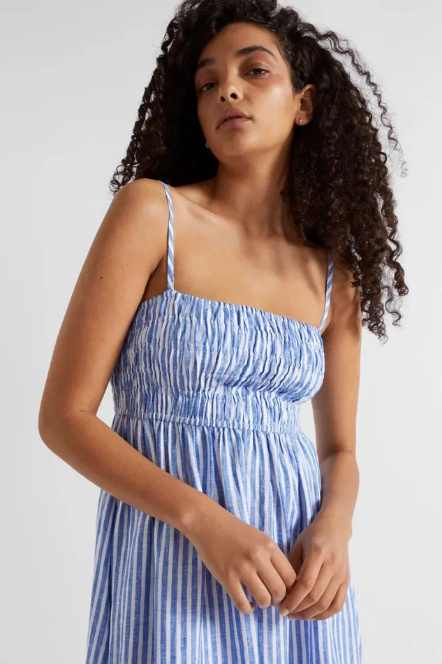 Seed Heritage Dresses Linen Shirred Midi Dress Deep Ocean Stripe 8211 Woman