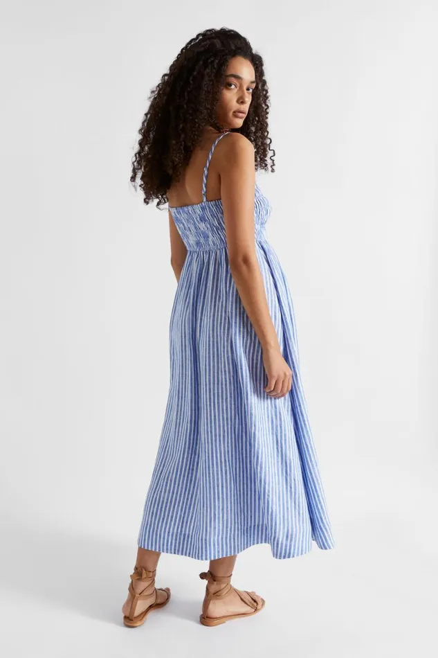 Seed Heritage Dresses Linen Shirred Midi Dress Deep Ocean Stripe 8211 Woman