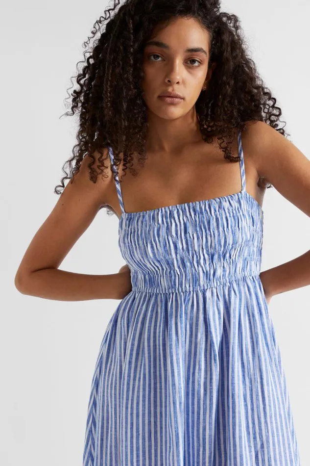 Seed Heritage Dresses Linen Shirred Midi Dress Deep Ocean Stripe 8211 Woman