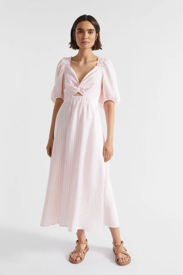 Seed Heritage Dresses Linen Stripe Midi Dress Tulip Pink Stripe 8211 Woman