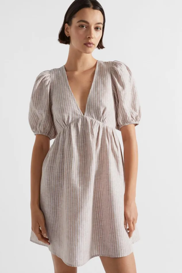 Seed Heritage Dresses Linen Stripe V Neck Mini Dress Barley Stripe 8211 Woman