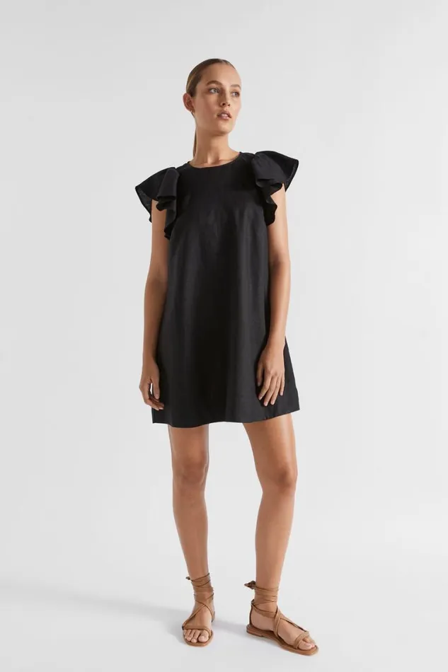 Seed Heritage Linen Core Linen Frill Sleeve Mini Dress Black 8211 Woman