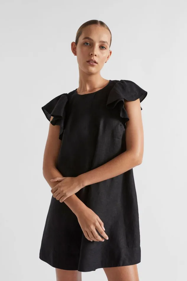 Seed Heritage Linen Core Linen Frill Sleeve Mini Dress Black 8211 Woman