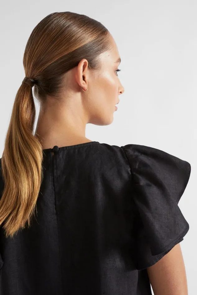 Seed Heritage Linen Core Linen Frill Sleeve Mini Dress Black 8211 Woman