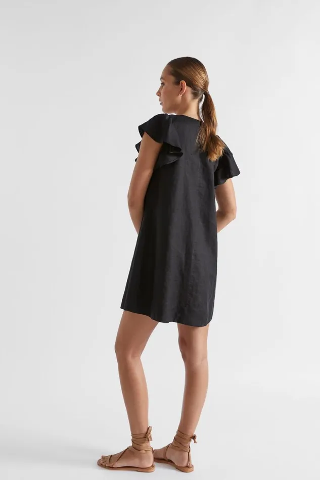 Seed Heritage Linen Core Linen Frill Sleeve Mini Dress Black 8211 Woman