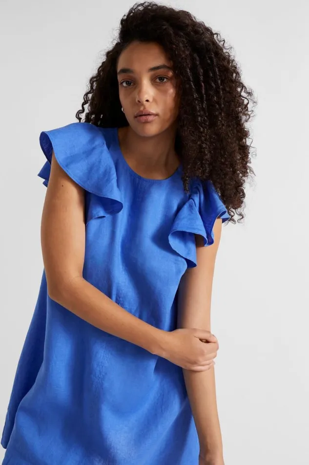 Seed Heritage Linen Core Linen Frill Sleeve Mini Dress Deep Ocean 8211 Woman
