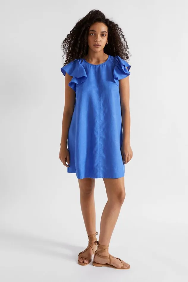 Seed Heritage Linen Core Linen Frill Sleeve Mini Dress Deep Ocean 8211 Woman