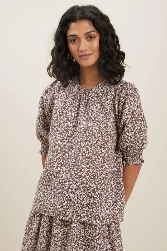 Seed Heritage Linen Ditsy Puff Sleeve Top Russet Brown Ditsy 8211 Woman