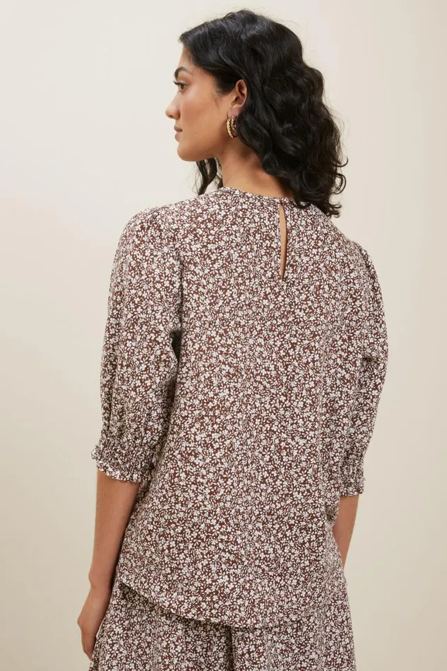 Seed Heritage Linen Ditsy Puff Sleeve Top Russet Brown Ditsy 8211 Woman