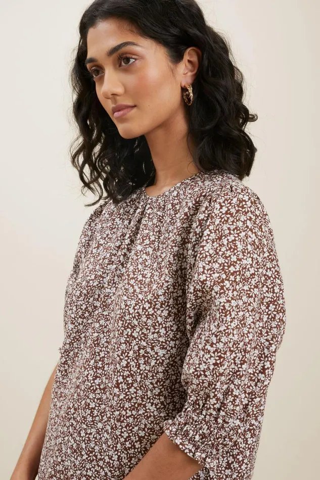 Seed Heritage Linen Ditsy Puff Sleeve Top Russet Brown Ditsy 8211 Woman