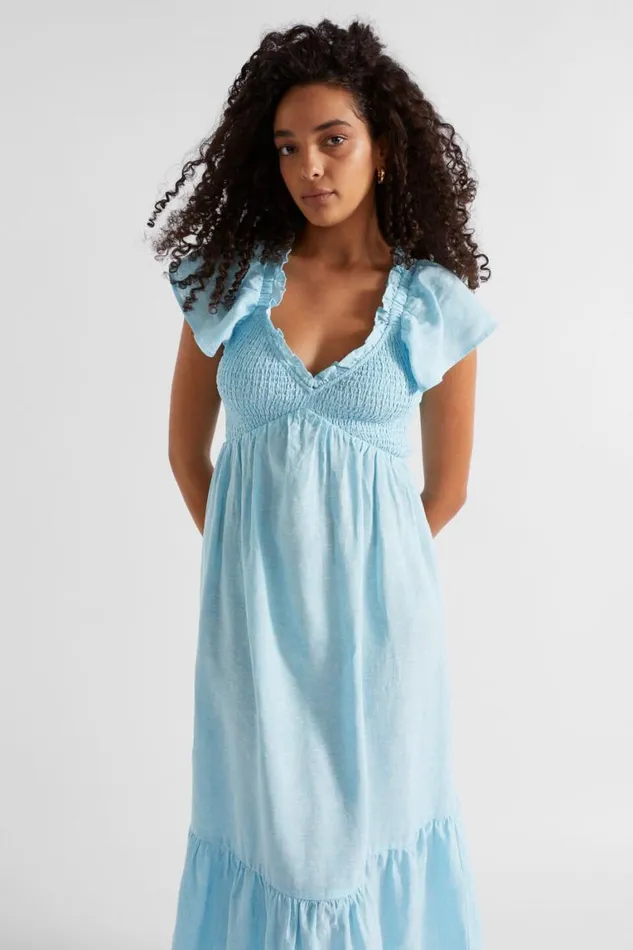 Seed Heritage Linen Linen Frill Sleeve Dress Shimmer Blue Crossdye 8211 Woman