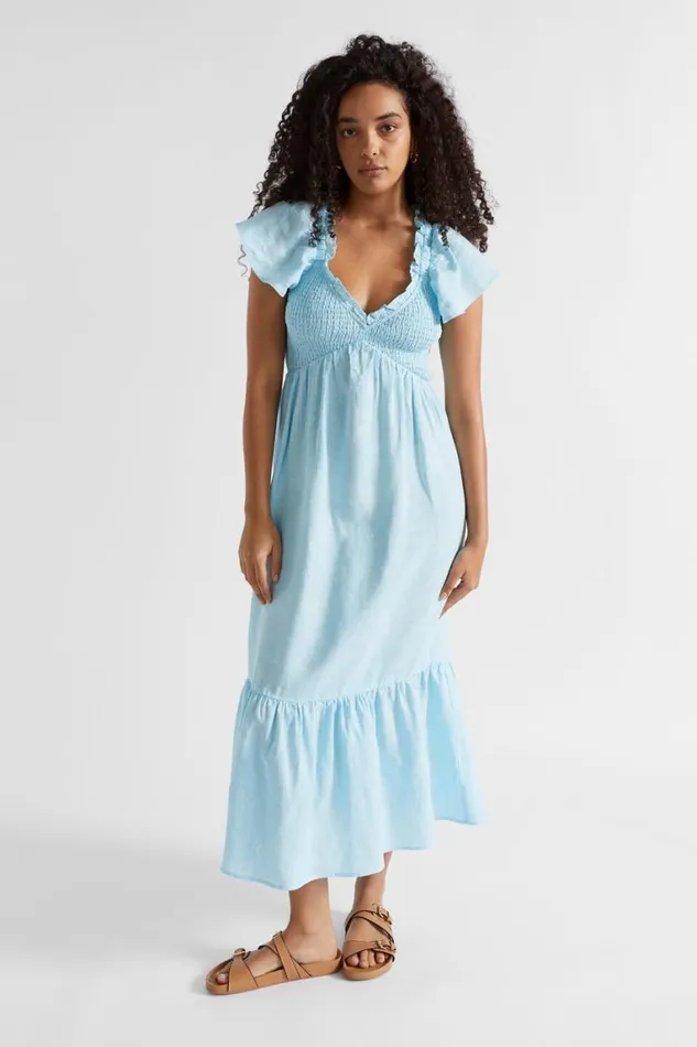 Seed Heritage Linen Linen Frill Sleeve Dress Shimmer Blue Crossdye 8211 Woman