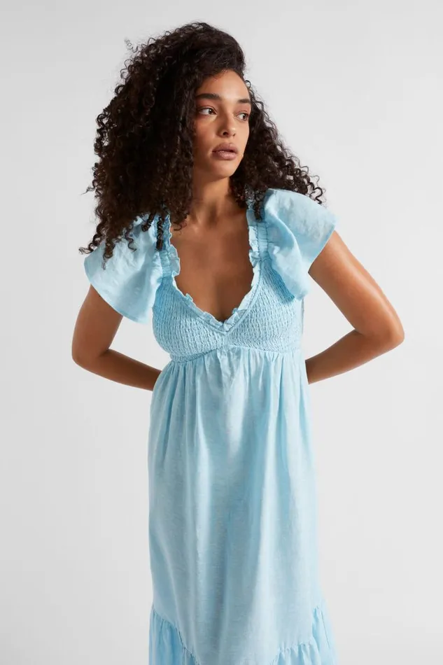 Seed Heritage Linen Linen Frill Sleeve Dress Shimmer Blue Crossdye 8211 Woman