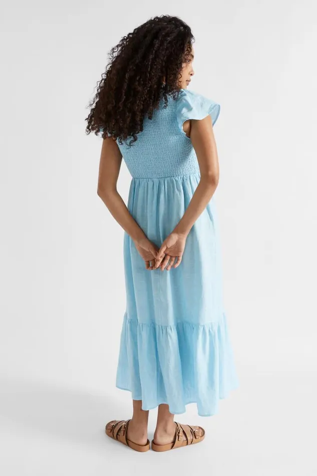 Seed Heritage Linen Linen Frill Sleeve Dress Shimmer Blue Crossdye 8211 Woman