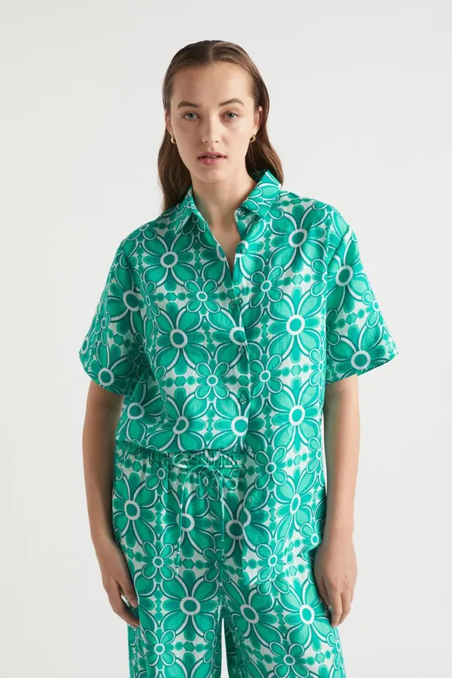 Seed Heritage Linen Linen Retro Short Sleeve Shirt Jade Green Retro 8211 Woman