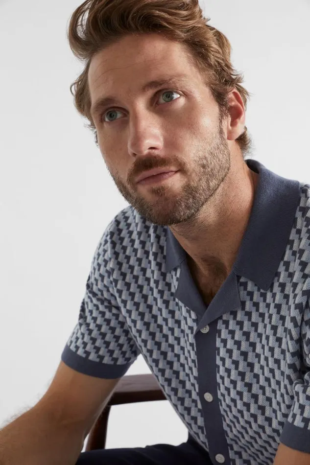 Seed Heritage Shirts Geo Knitted Polo Shirt Steel Blue Geo 8211 Man