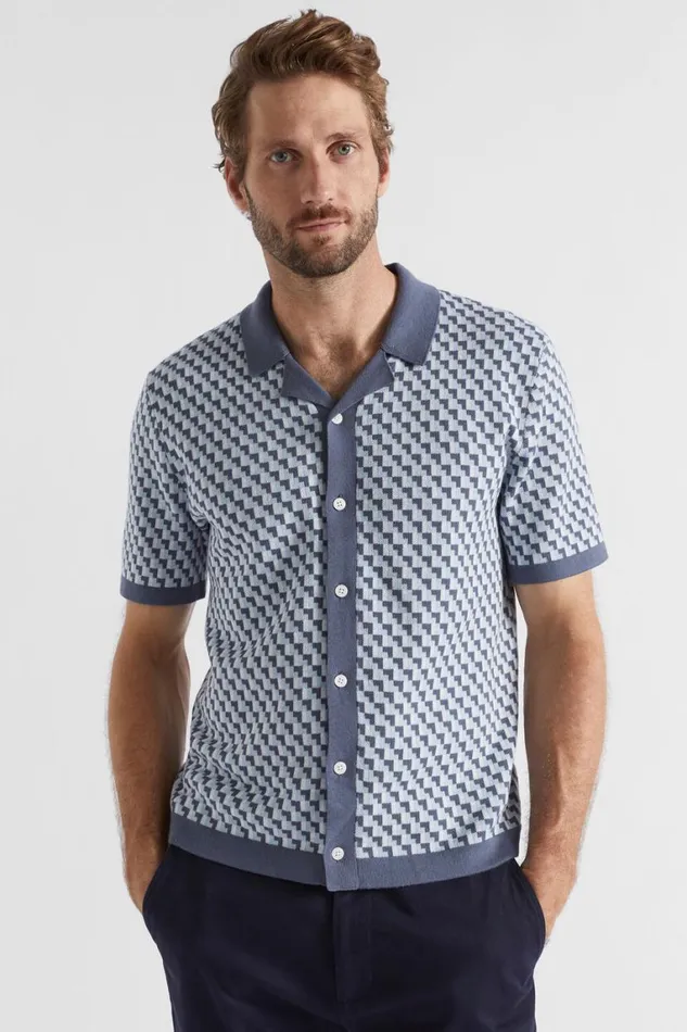 Seed Heritage Shirts Geo Knitted Polo Shirt Steel Blue Geo 8211 Man