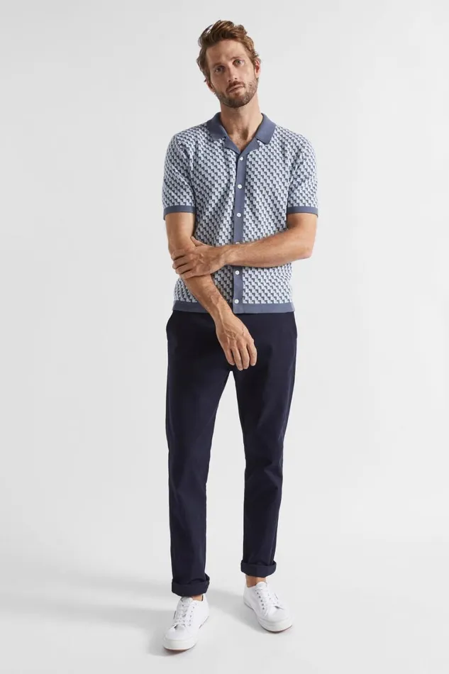 Seed Heritage Shirts Geo Knitted Polo Shirt Steel Blue Geo 8211 Man