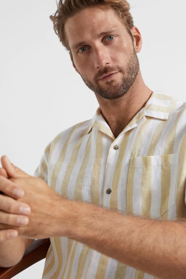 Seed Heritage Shirts Pool Stripe Linen Shirt Sand Bold Stripe 8211 Man