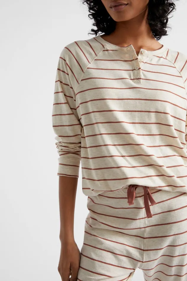 Seed Heritage Sleepwear Raglan Long Sleeve PJ Pant Set Flax Marle Stripe 8211 Woman