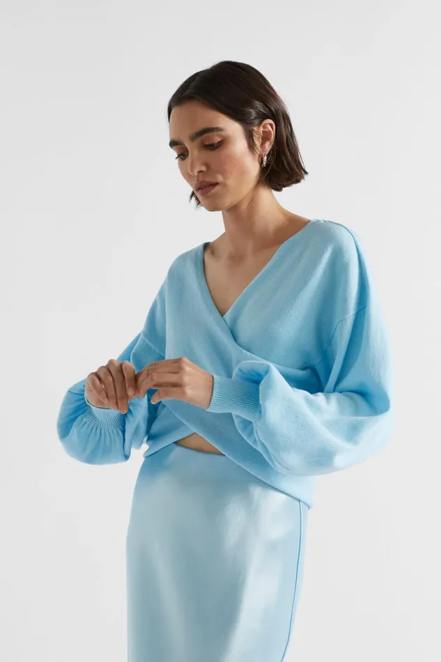 Seed Heritage TShirts and Tops Cotton Wrap Front Knit Shimmer Blue 8211 Woman