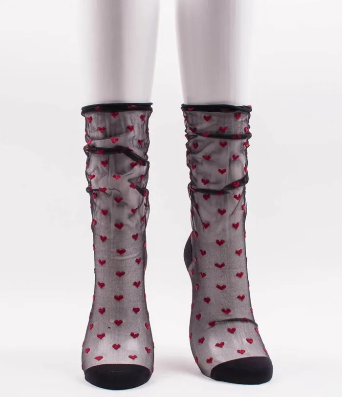 Sheer Black and Red Heart Crew Socks Accessories Unique Vintage Stockings and Tights