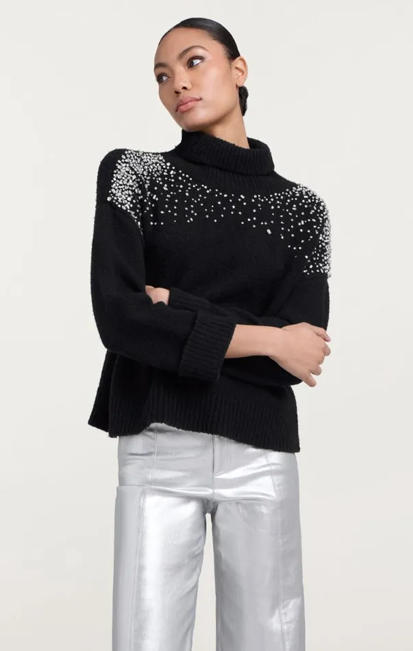 Shop Rhinestone Crackle Embellished Alani Turtleneck Black Cinq Sept Long Sleeve Tops