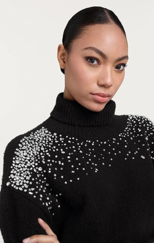 Shop Rhinestone Crackle Embellished Alani Turtleneck Black Cinq Sept Long Sleeve Tops