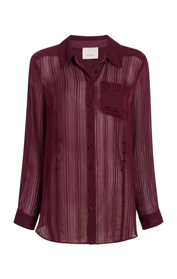 Shop Sheer Stripe Shirred Kandice Top Dark Fig Cinq Sept Long Sleeve Tops