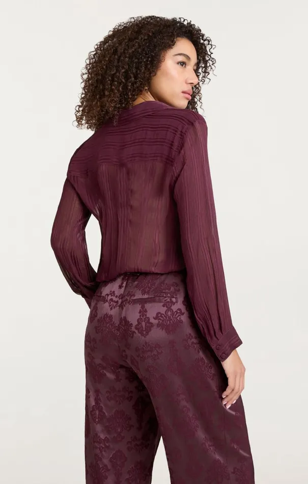 Shop Sheer Stripe Shirred Kandice Top Dark Fig Cinq Sept Long Sleeve Tops
