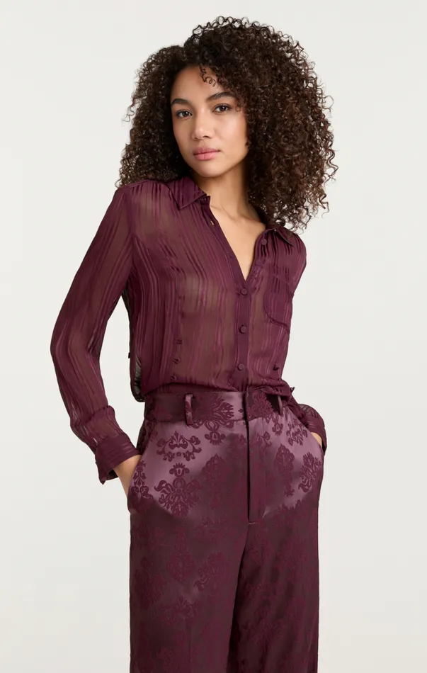 Shop Sheer Stripe Shirred Kandice Top Dark Fig Cinq Sept Long Sleeve Tops
