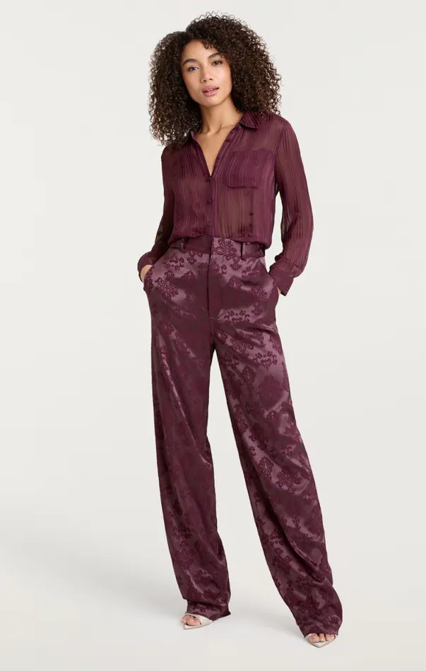 Shop Sheer Stripe Shirred Kandice Top Dark Fig Cinq Sept Long Sleeve Tops