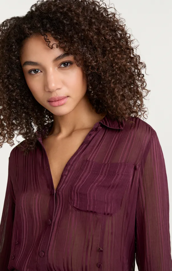Shop Sheer Stripe Shirred Kandice Top Dark Fig Cinq Sept Long Sleeve Tops