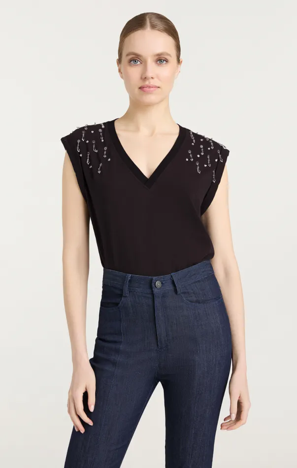 Shop Teardrop Crystal Embellished VNeck Bella Tee Black Multi Cinq Sept Tees