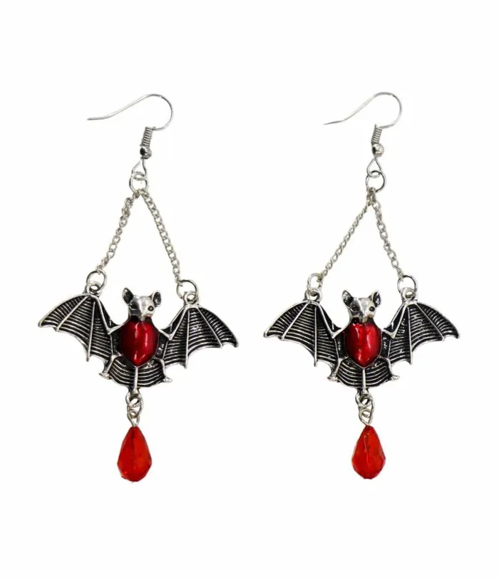 Silver and Red Gem Bat Dangle Earrings Accessories Unique Vintage Earrings
