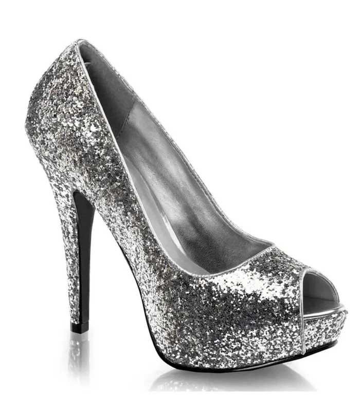 Silver Glitter Peep Toe Pumps Shoes Unique Vintage Heels