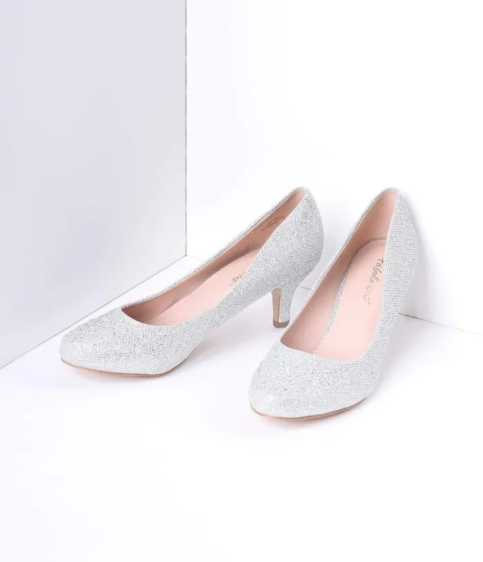 Silver Metallic Rhinestone Doris Kitten Heels Shoes Unique Vintage Heels