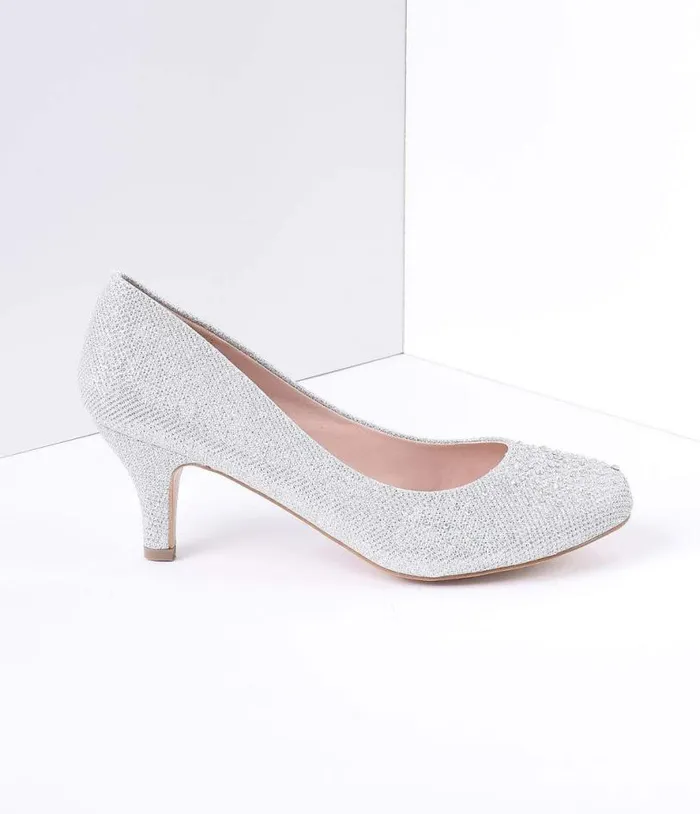 Silver Metallic Rhinestone Doris Kitten Heels Shoes Unique Vintage Heels