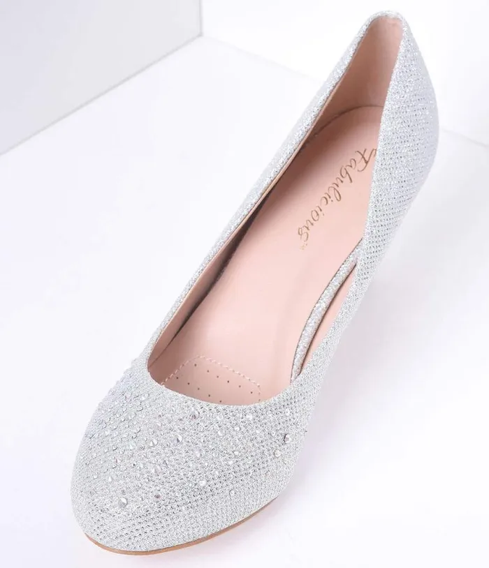 Silver Metallic Rhinestone Doris Kitten Heels Shoes Unique Vintage Heels