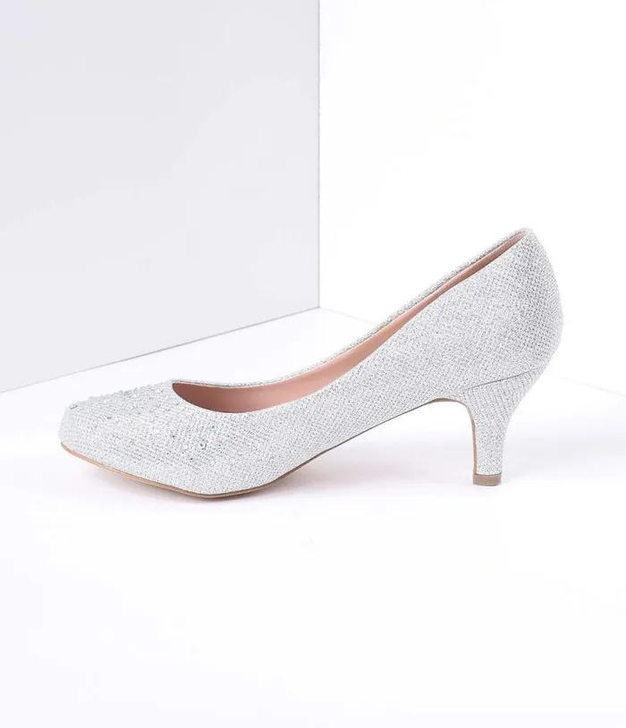 Silver Metallic Rhinestone Doris Kitten Heels Shoes Unique Vintage Heels