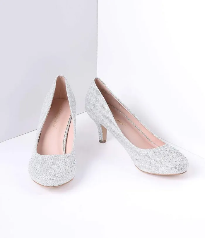 Silver Metallic Rhinestone Doris Kitten Heels Shoes Unique Vintage Heels