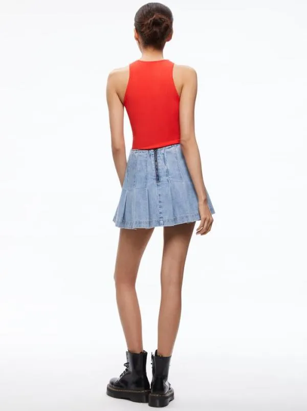 Skirts Women Alice Olivia CARTER PLEATED DENIM MINI SKIRT Rockstar Blue