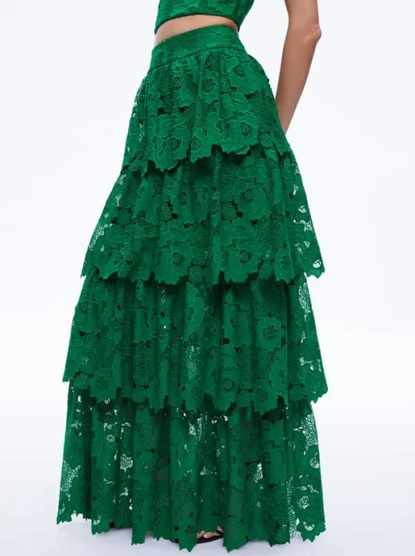 Skirts Women Alice Olivia JIA EYELET TIERED RUFFLE MAXI SKIRT Emerald