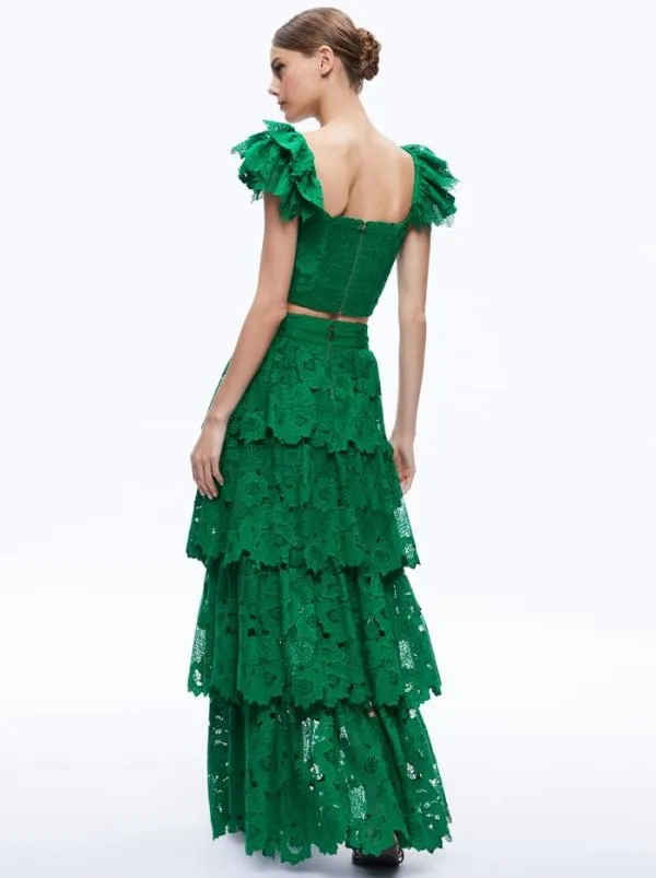 Skirts Women Alice Olivia JIA EYELET TIERED RUFFLE MAXI SKIRT Emerald