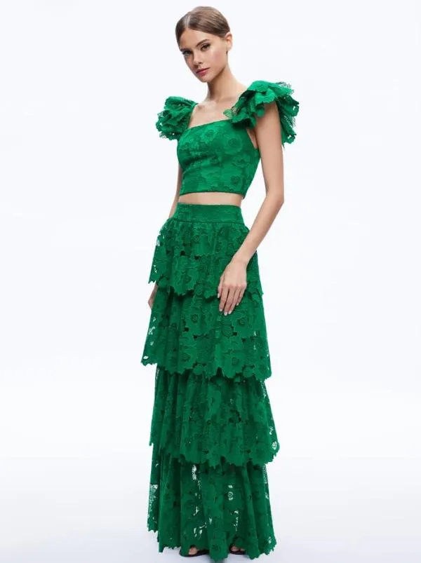 Skirts Women Alice Olivia JIA EYELET TIERED RUFFLE MAXI SKIRT Emerald