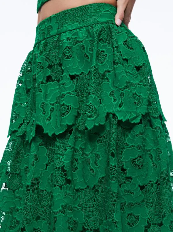 Skirts Women Alice Olivia JIA EYELET TIERED RUFFLE MAXI SKIRT Emerald