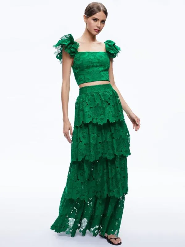 Skirts Women Alice Olivia JIA EYELET TIERED RUFFLE MAXI SKIRT Emerald