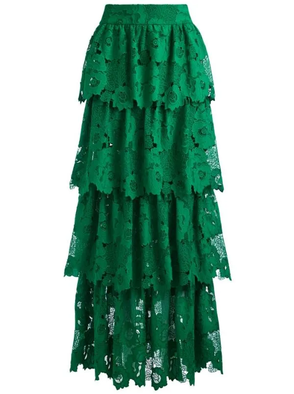 Skirts Women Alice Olivia JIA EYELET TIERED RUFFLE MAXI SKIRT Emerald