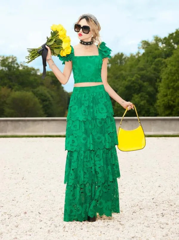 Skirts Women Alice Olivia JIA EYELET TIERED RUFFLE MAXI SKIRT Emerald